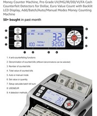 Money Counter Machine, Dollar, Euro Value Count UV/MG/IR/DD/VI/FA Pro Grade Cash
