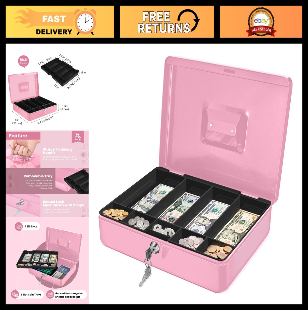 Secure Cash Box with Lock & Removable Tray – 9-Compartment Pink Money Storage fo