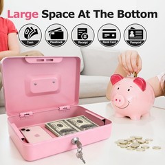 Pink Medium Metal Cash Box Money Tray 5 Compartment Key Lock 7.79×6.30 Inch