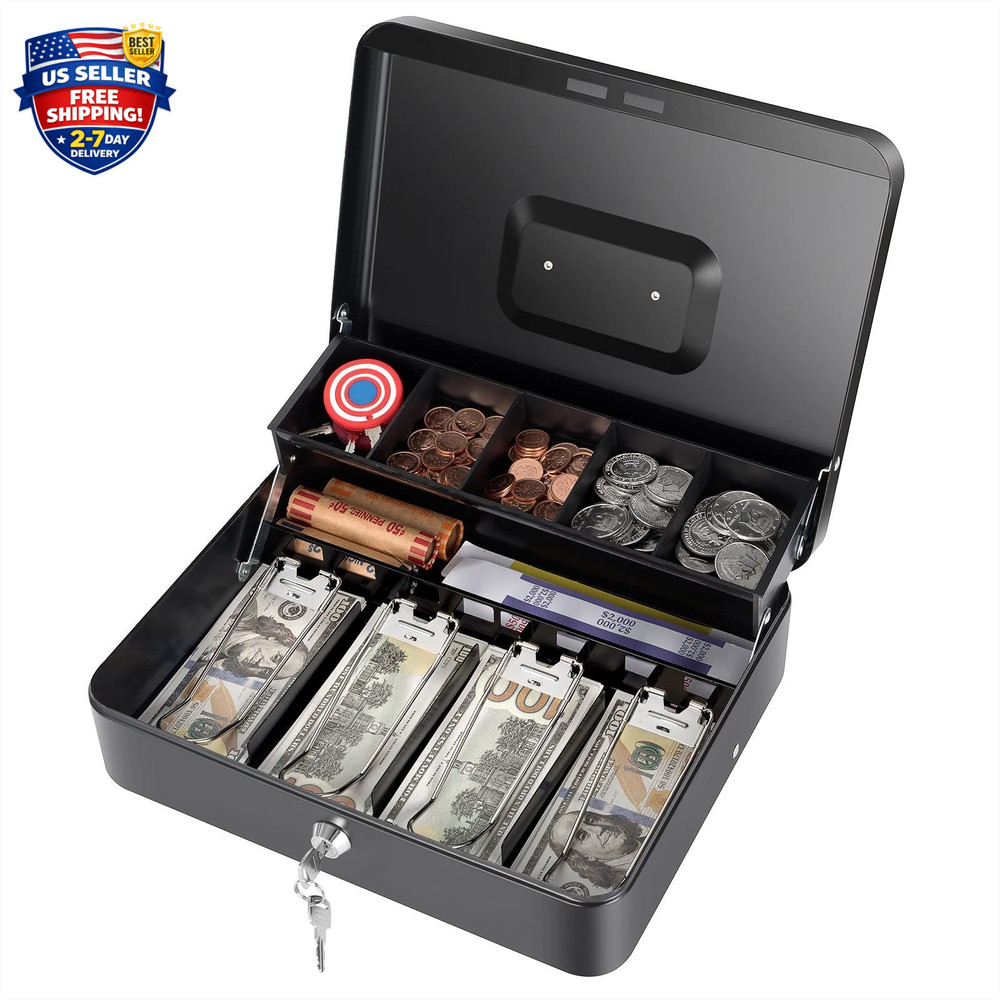 Cash Box with Money Tray and Key Lock, Saving Lock Box with Money Tray Storage f