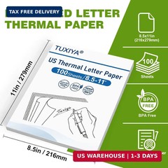 TUXIYA 100 Sheets Thermal Printer Paper 8.5 x 11 Inch,BPA free Advanced Thermal