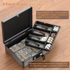 Large Cash Box with Key Lock, Secure Money Box & Removable Coin Tray – Black