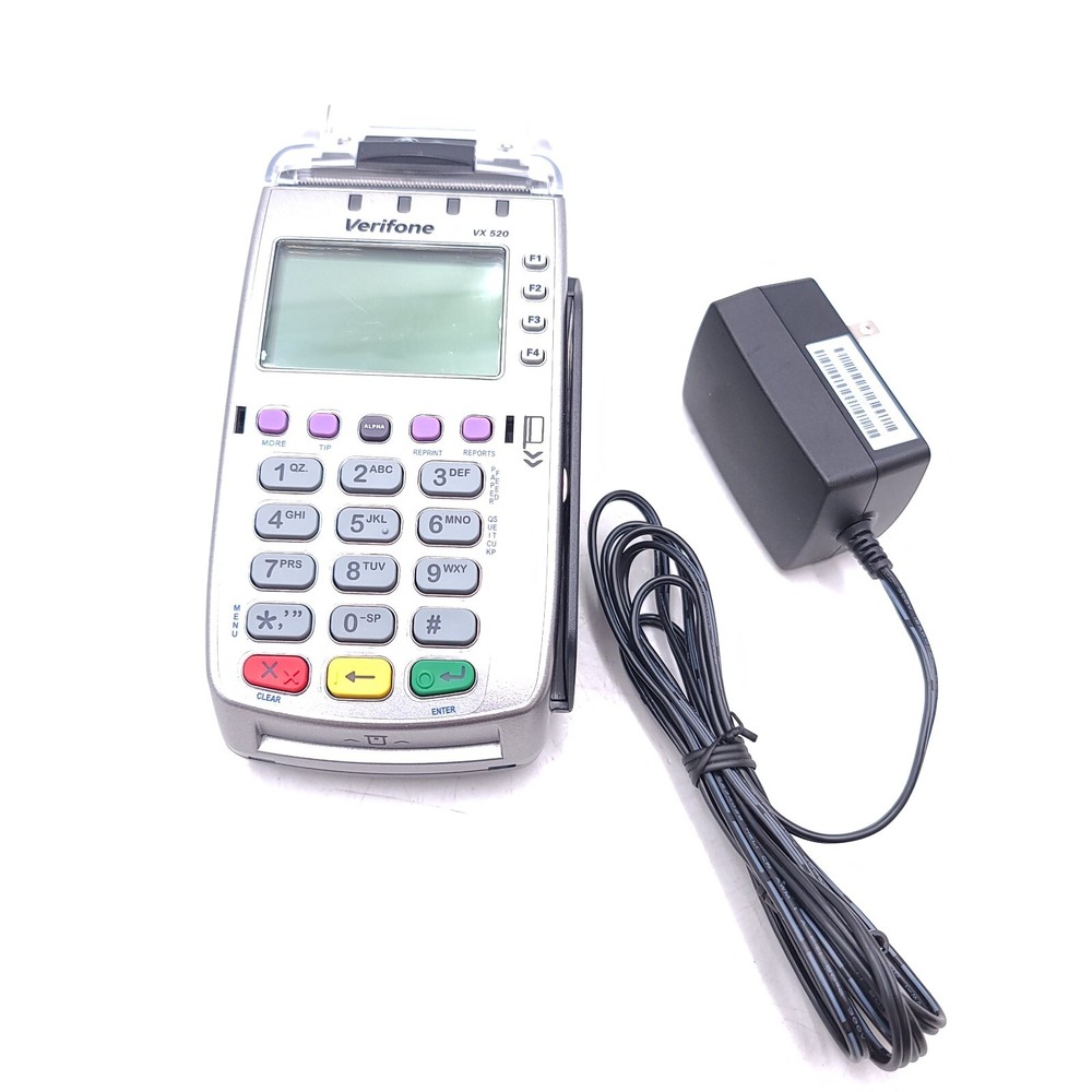 Verifone VX520 CTLS Dual Comm Credit Card POS Machine Silver w/ Adapter Charger