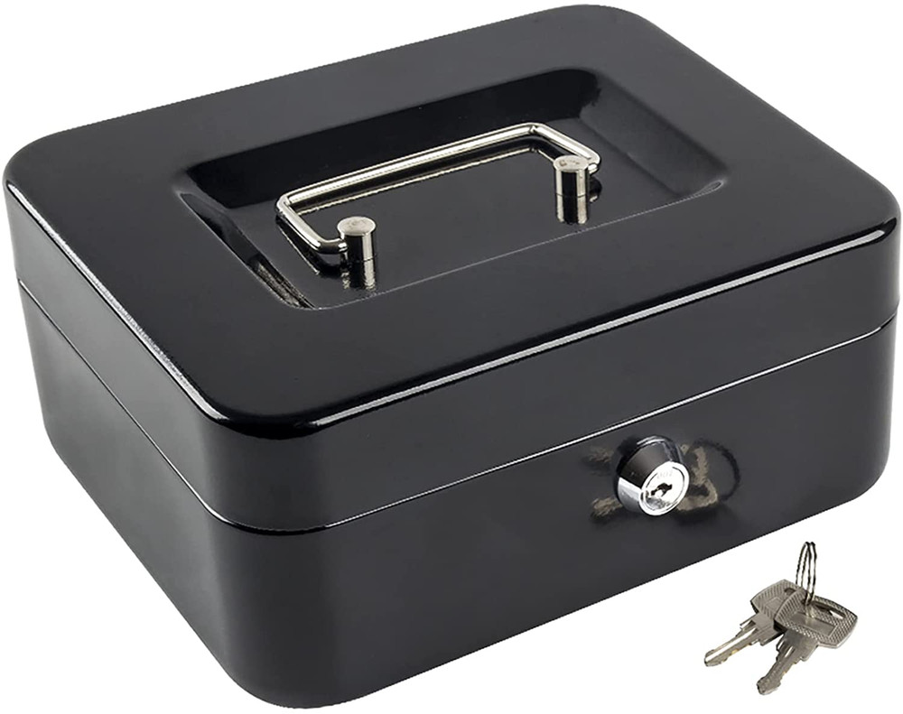 Medium Cash Box with Money Tray,Small Safe with Key,7.87″X 6.30″X 3.54″ Black