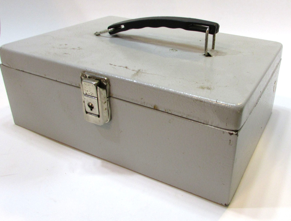 Vintage 1970s Industrial Beige Orange Peel Textured Steel Cash Box File w Handle