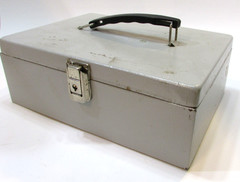 Vintage 1970s Industrial Beige Orange Peel Textured Steel Cash Box File w Handle