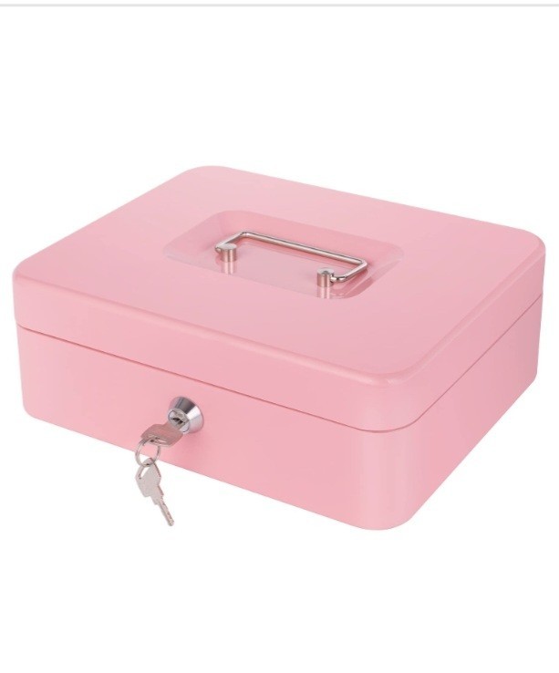 Pink Cash Safe Box with Money Tray and Key Lock
