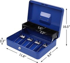 Blue Metal Cash Box with Key Lock & Tiered Tray
