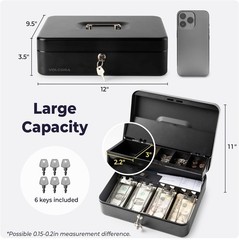 Large Cash Box with Key Lock, Metal Money Box for Cash, Portable Locking Safe…
