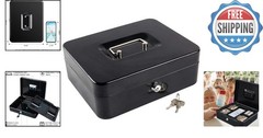 Secure Portable Black Metal Cash Box with Key Lock – 11.81×9.45×3.54 Size