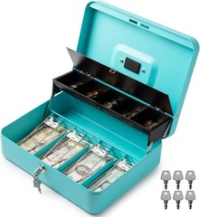Large Cyan Cash Box with Key Lock – Portable Money Organizer for Sales