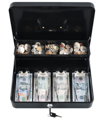 Cash Box with Money Tray and Key Lock,Tiered, Cantilever Design,4 Bill / 5 Coi..