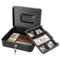 Cash Box with Lock and Money Tray Metal Large ys/m, Black-Large