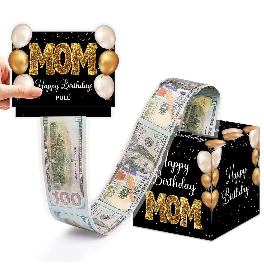 Mom Birthday Money Box for Cash Pull, Happy Birthday Black Gold Boxes Gifts f…