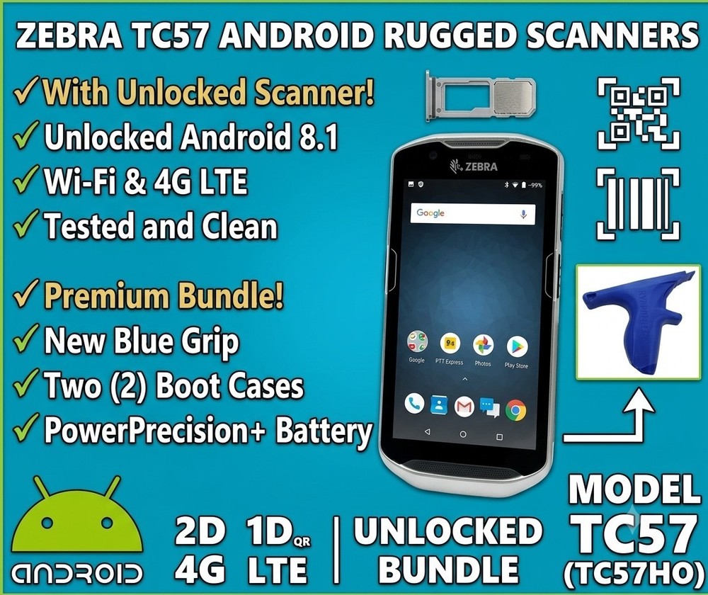 Zebra TC57 Android Rugged Scanner UNLOCKED Bundle (4G LTE, Wi-Fi, 2D) – NEW GRIP