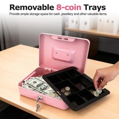 Pink Medium Metal Cash Box Money Tray 5 Compartment Key Lock 7.79×6.30 Inch