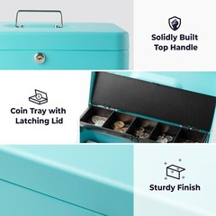 Large Cyan Cash Box with Key Lock – Portable Money Organizer for Sales