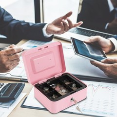 Portable Pink Cash Box with Key Lock & Removable Tray – Ideal for Home & Travel